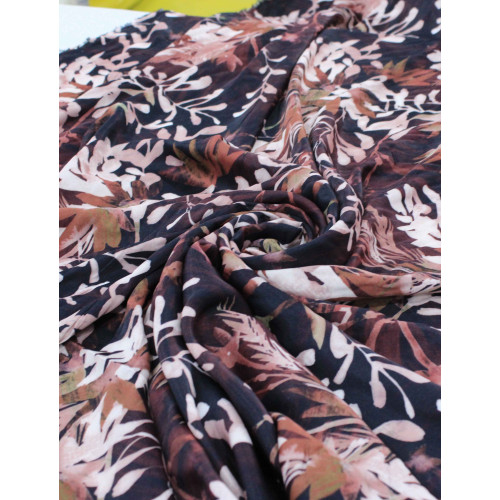 Tecido Crepe Salinas Italiano Flores Abstratas Tons Terrosos