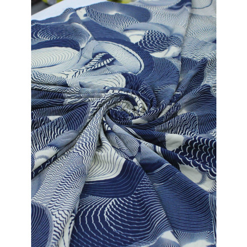 Tecido Viscose Italiano Linhas Abstratas Tons de Azul