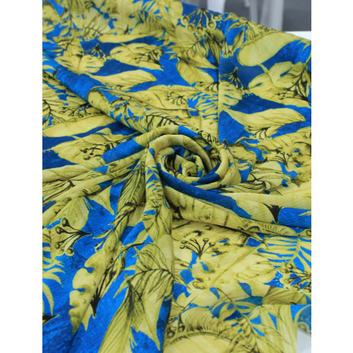 Tecido Crepe Chiffon Italiano Macro Folhas Amarelo e Azul