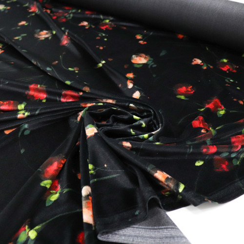 Tecido Veludo Italiano Rosas Preto