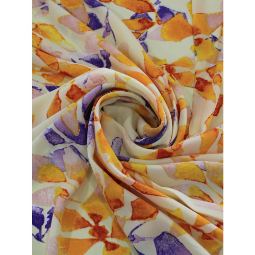 Tecido Crepe GGT Folhagens Laranja e Roxo