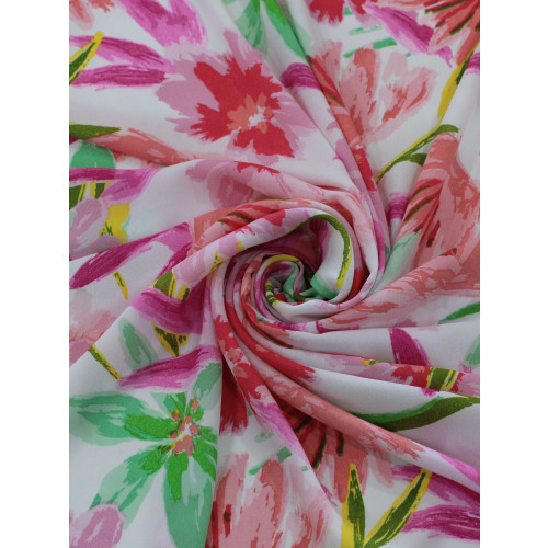 Tecido Crepe GGT Flores Tons de Rosa e Verde