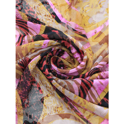 Tecido Crepe Chiffon Brocado Desenhos Abstratos Tons Terrosos e Rosa