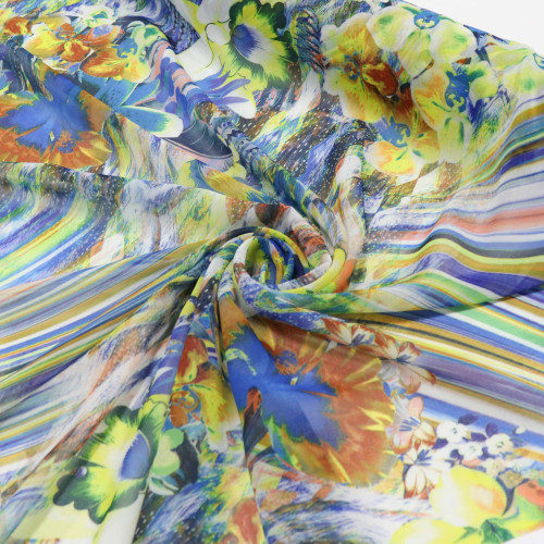 Tecido Crepe Chiffon Italiano Abstrato Floral Colorido