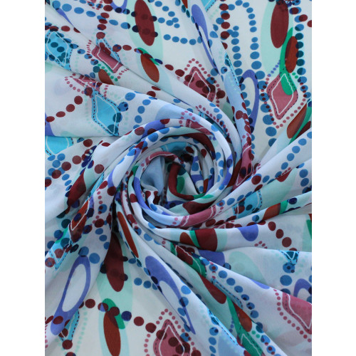 Tecido Crepe Chiffon Circulos e Pontilhados Azul e Marsala