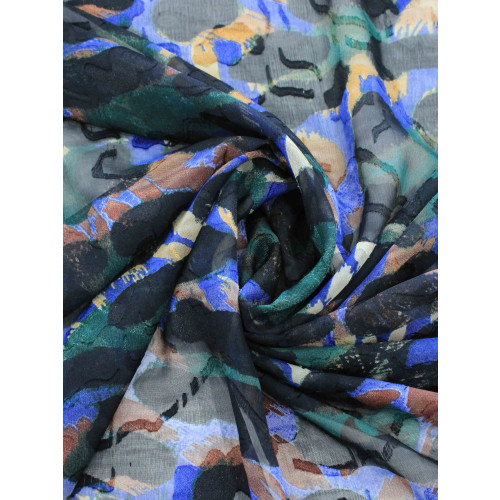 Tecido Crepe Chiffon Brocado Maxi Animal Print Roxo e Preto