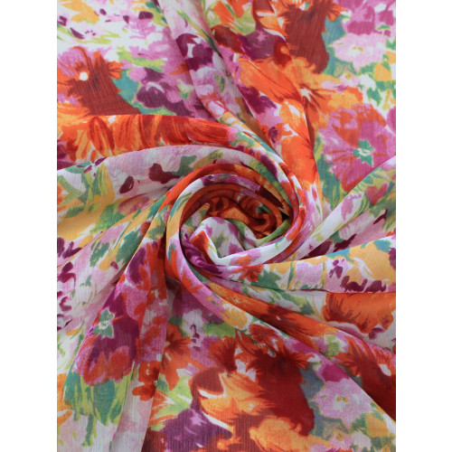 Tecido Crepe Chiffon Floral Tons de Rosa e Laranja