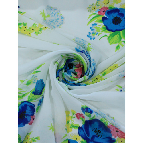 Tecido Crepe Chiffon Buque Flores Azul e Branco