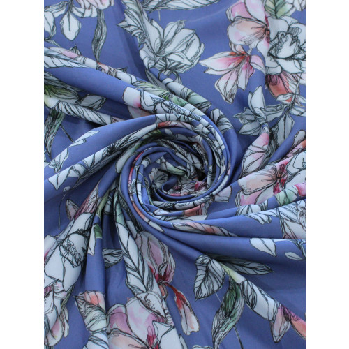 Tecido Crepe Acetinado Flores Azul Indigo