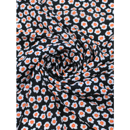 Tecido Crepe GGT Micro Floral Preto e Laranja