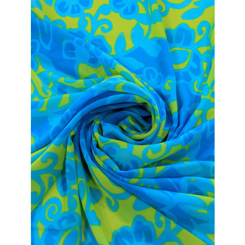 Tecido Crepe Chiffon Flores Abstratas Verde e Azul