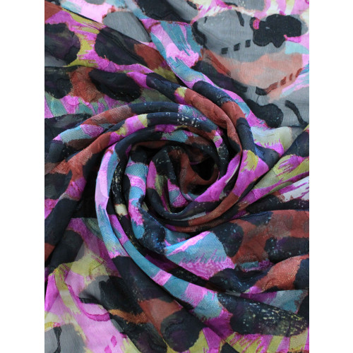 Tecido Crepe Chiffon Brocado Maxi Animal Print Rosa e Preto
