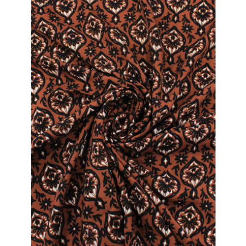 Tecido Viscose Simbolos e Flores Terracota e Preto