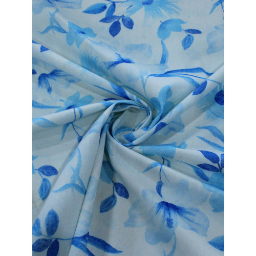 Tecido Linho Misto Flores Azul e Branco