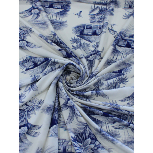 Tecido Viscose Premium Paisagem Tropical Azul e Off-White