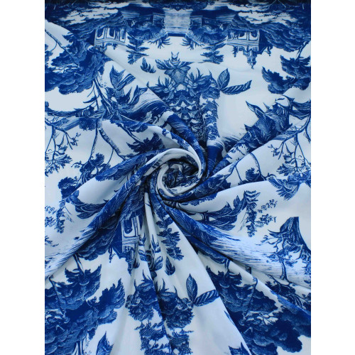 Tecido Viscose Premium Porcelana Toile de Jouy Azul e Branco