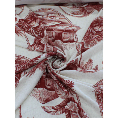Tecido Viscose Premium Toile de Jouy Tropical Vinho e Creme