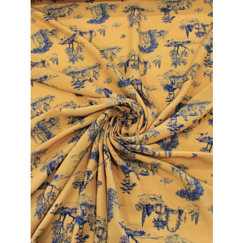 Tecido Viscose Premium Paisagem Savana Mostarda e Azul