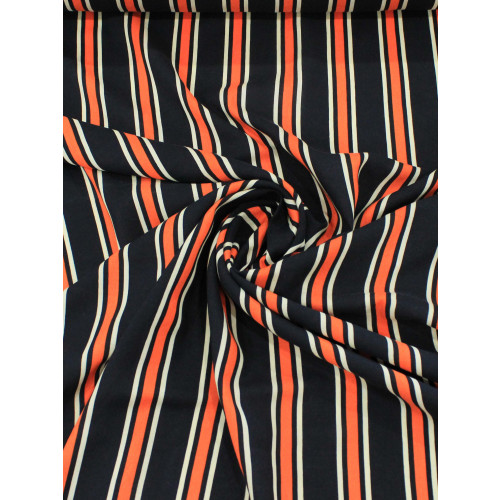 Tecido Viscose Listrado Preto, Laranja e Branco
