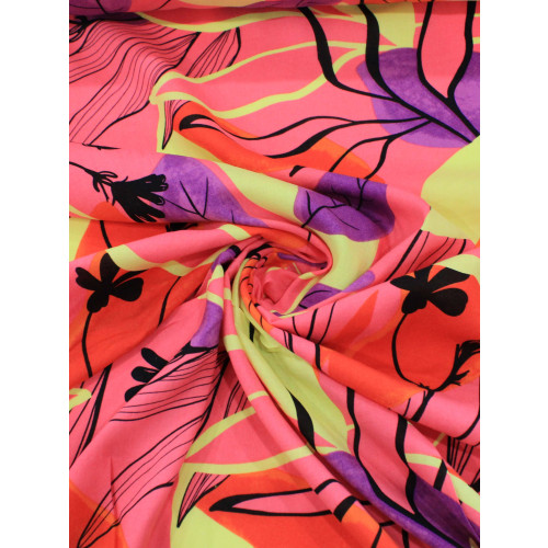 Tecido Viscose Floral Tropical Rosa, Roxo e Verde Lima