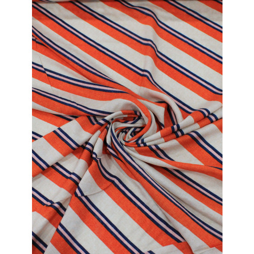 Tecido Viscose Listrado Creme, Laranja e Azul Marinho