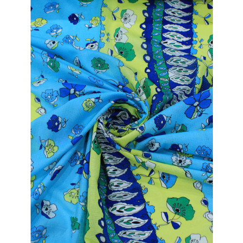 Tecido Viscose Floral Azul Amarelo e Verde