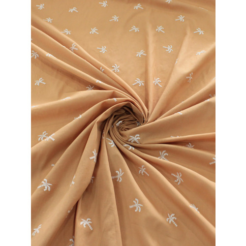 Tecido Cambraia de Algodão Bordada Mini Palmeiras Offwhite e Caramelo
