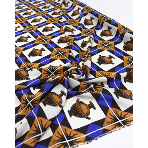 Tecido Viscose Italiano Vasos Antigo e Geométricos Azul e Terracota