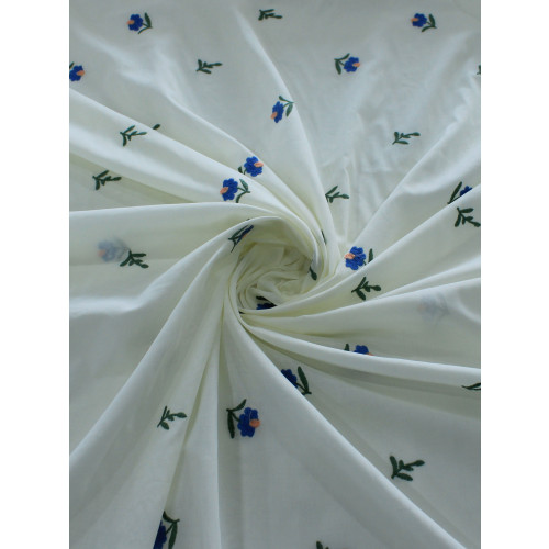Tecido Cambraia de Algodão Bordada Mini Flor Azul, Verde e Offwhite