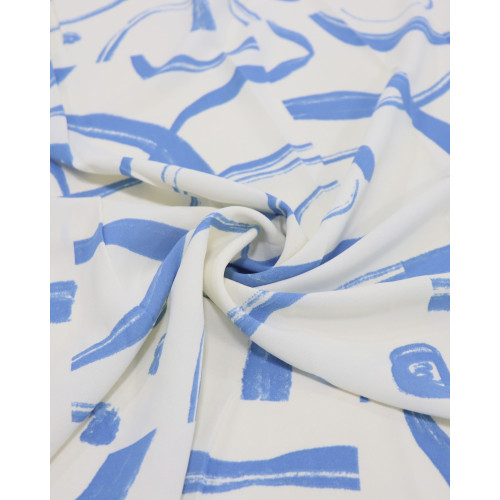 Tecido Crepe Koshibo Pinturas Abstratas Azul Celeste e Offwhite