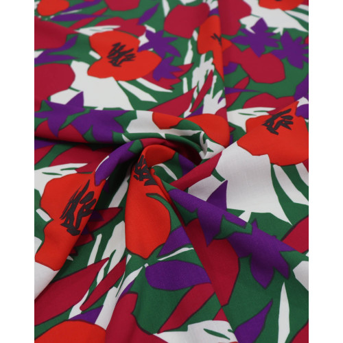 Tecido Linho Misto Italiano Pintura Floral Vermelho e Roxo
