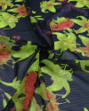 Tecido Crepe Chiffon Texturizado Italiano Lírios Amarelo Neon e Preto com Lurex