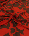 Tecido Viscose Fina Italiano Macro Folhagens e Arabescos Marrom e Vermelho