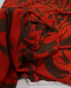 Tecido Viscose Fina Italiano Macro Folhagens e Arabescos Marrom e Vermelho