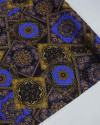 Tecido Viscose Acetinada Italiano Lenços Irregulares Mandalas Azul, Dourado e Preto