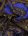 Tecido Viscose Acetinada Italiano Lenços Irregulares Mandalas Azul, Dourado e Preto