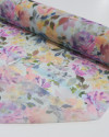 Tecido Crepe Chiffon Italiano Monet Floral e Listras Verticais Colorido e Tons de Azul