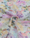 Tecido Crepe Chiffon Italiano Monet Floral e Listras Verticais Colorido e Tons de Azul