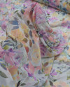 Tecido Crepe Chiffon Italiano Monet Floral e Listras Verticais Colorido e Tons de Azul