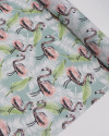 Tecido Tricoline Italiano Flamingos e Folhagens Verde, Branco e Rosa