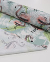 Tecido Tricoline Italiano Flamingos e Folhagens Verde, Branco e Rosa