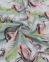 Tecido Tricoline Italiano Flamingos e Folhagens Verde, Branco e Rosa
