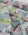 Tecido Tricoline Italiano Flamingos e Folhagens Verde, Branco e Rosa