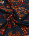 Tecido Viscose Italiano Estampada Selvagem Laranja e Azul Petróleo