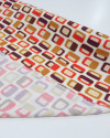 Tecido Viscose Italiano Geométrico Vermelho, Caramelo e Roxo