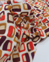 Tecido Viscose Italiano Geométrico Vermelho, Caramelo e Roxo