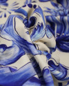 Tecido Viscose Premium Barrado Macro Floral Azul e Offwhite