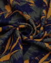 Tecido Crepe de Viscose Texturizada Premium Folhagens Abstratas Laranja, Verde e Preto