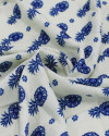 Tecido Viscose Texturizada Premium Abacaxi Esstampado e Flores Azul e Offwhite