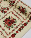 Tecido Linho Misto Rústico Macro Estampa Floral em Recortes Vermelho e Creme